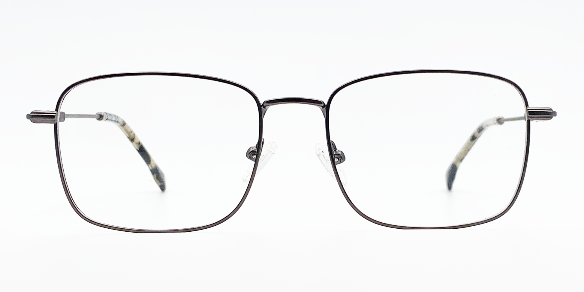 Front view rectangular brown frame glasses with silver colour detail