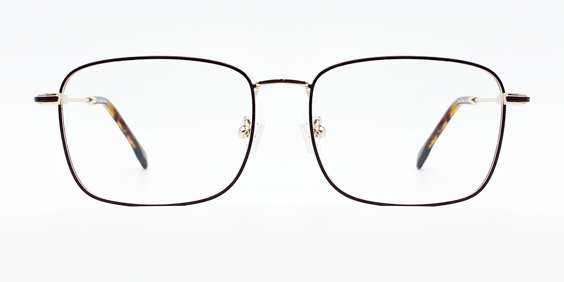 Front view rectangular brown frame glasses with gold colour detail