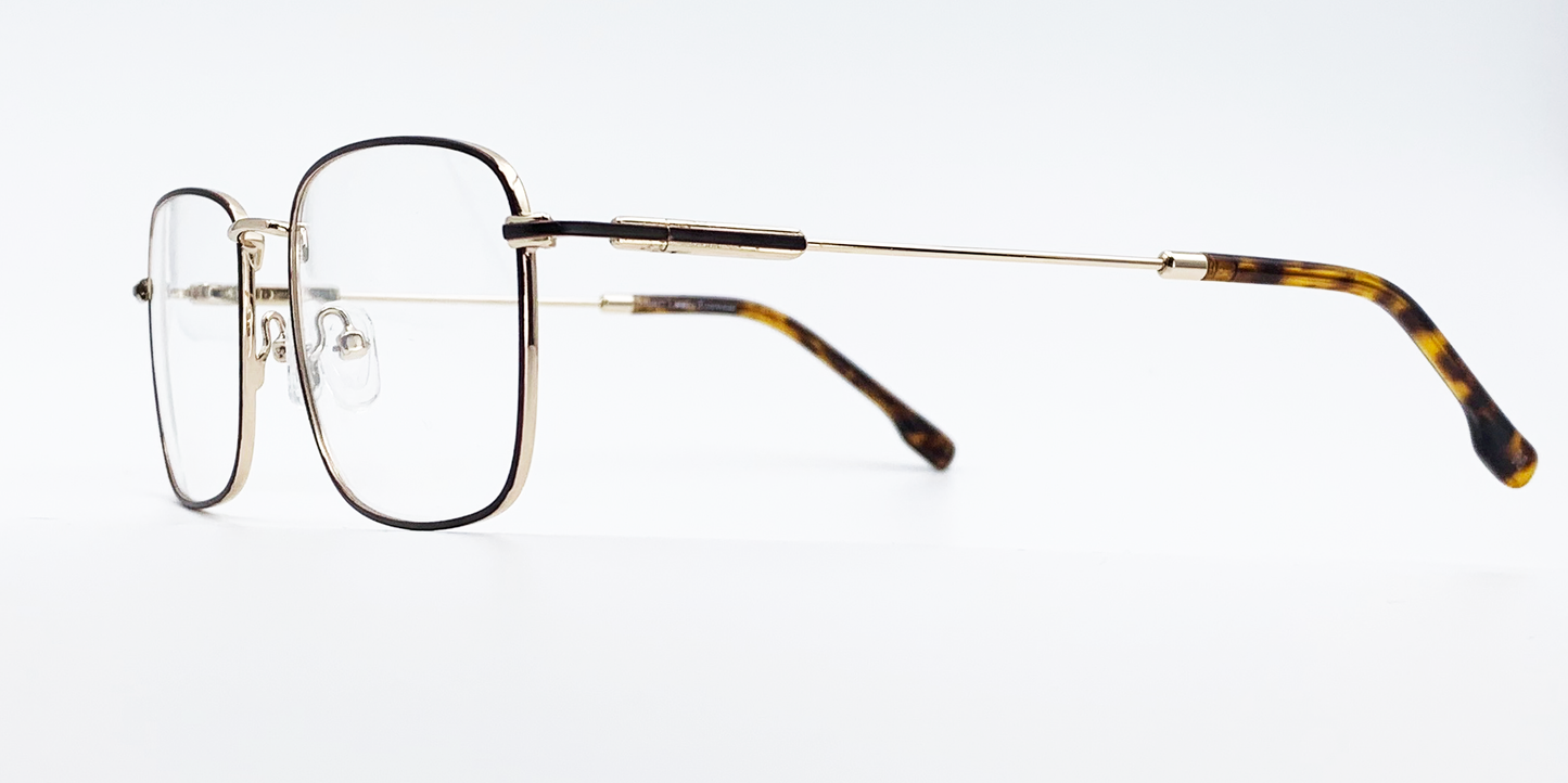 side view rectangular gold frame glasses with gold colour detail
