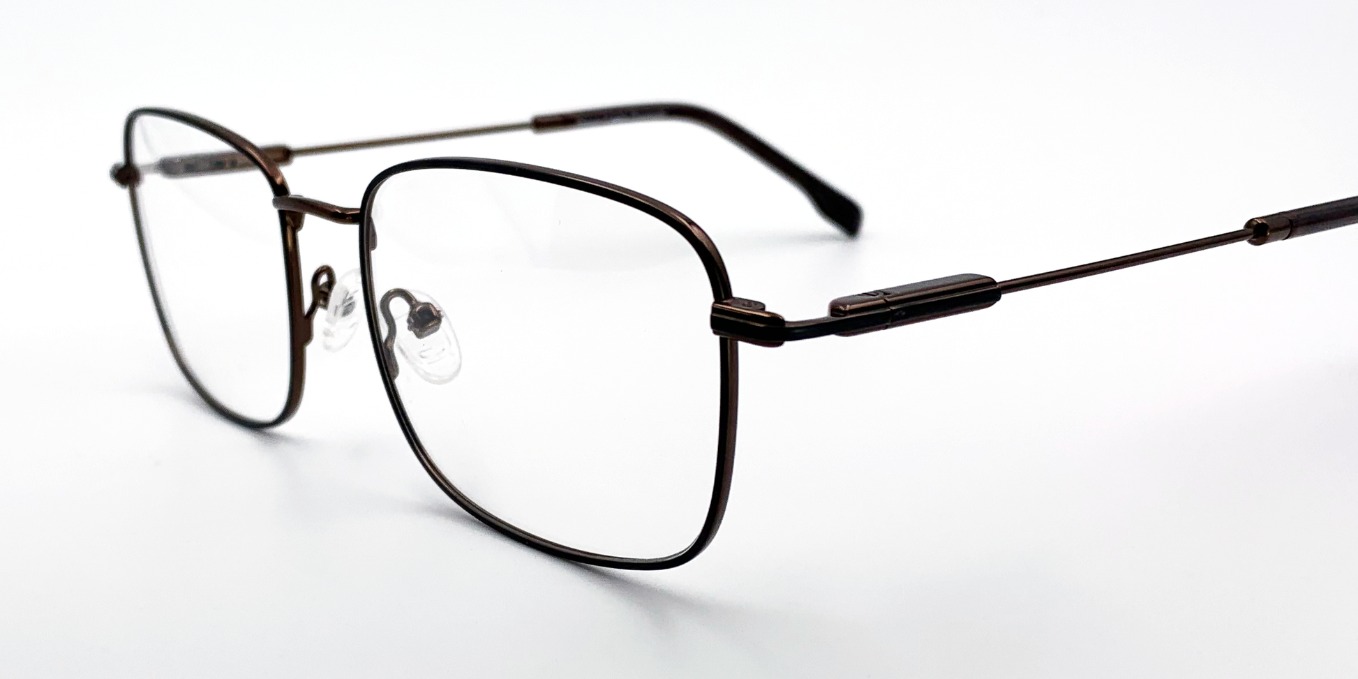 side view rectangular brown frame glasses with brown colour detail