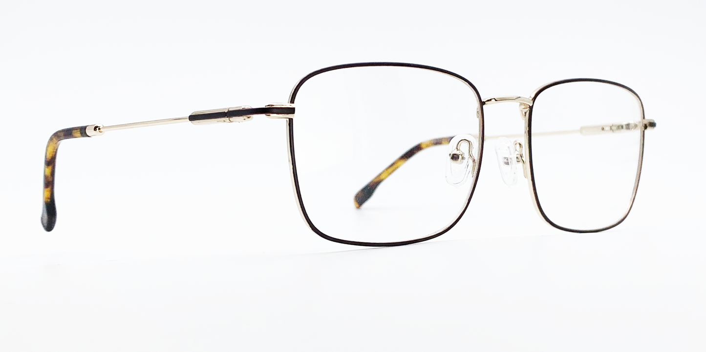 side view rectangular gold frame glasses with gold colour detail