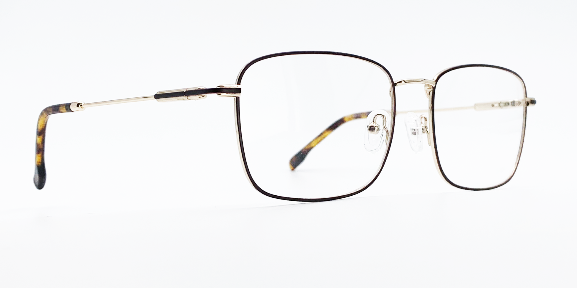side view rectangular gold frame glasses with gold colour detail