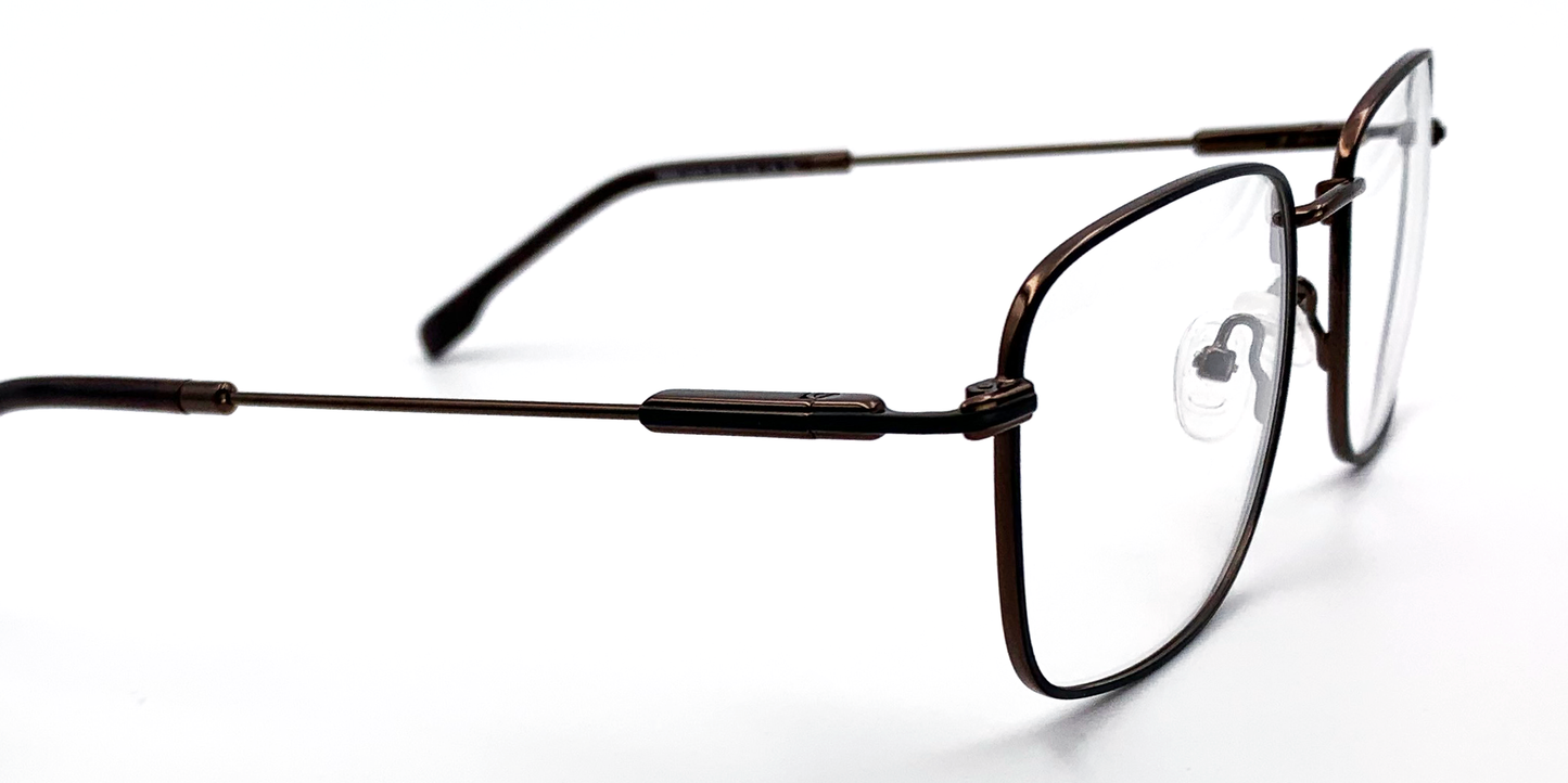 side view rectangular brown frame glasses with brown colour detail