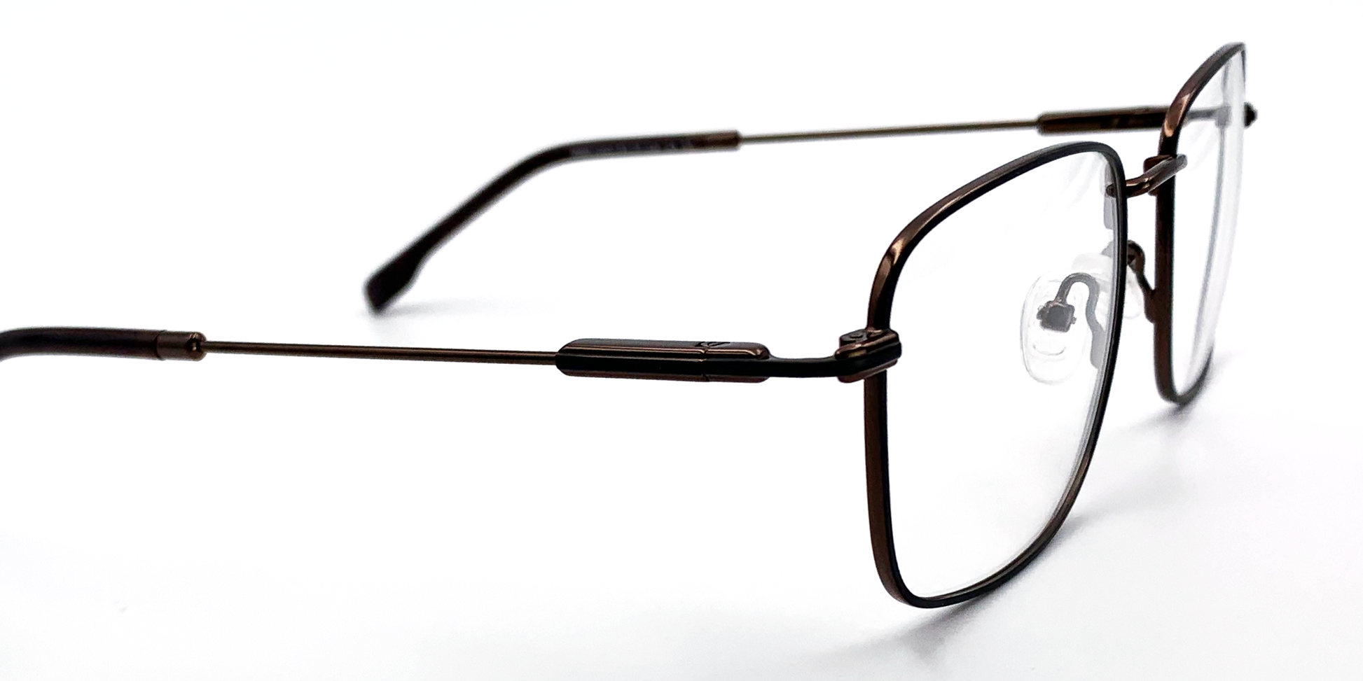 side view rectangular brown frame glasses with brown colour detail