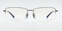 silver coloured rectangular titanium half frame. Front view showing silver coloured bridge 