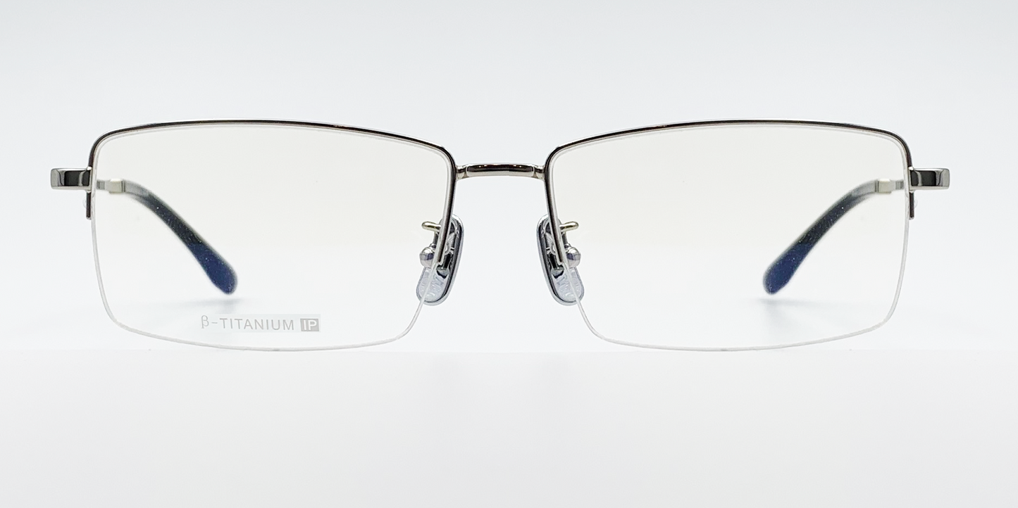 silver coloured rectangular titanium half frame. Front view showing silver coloured bridge 