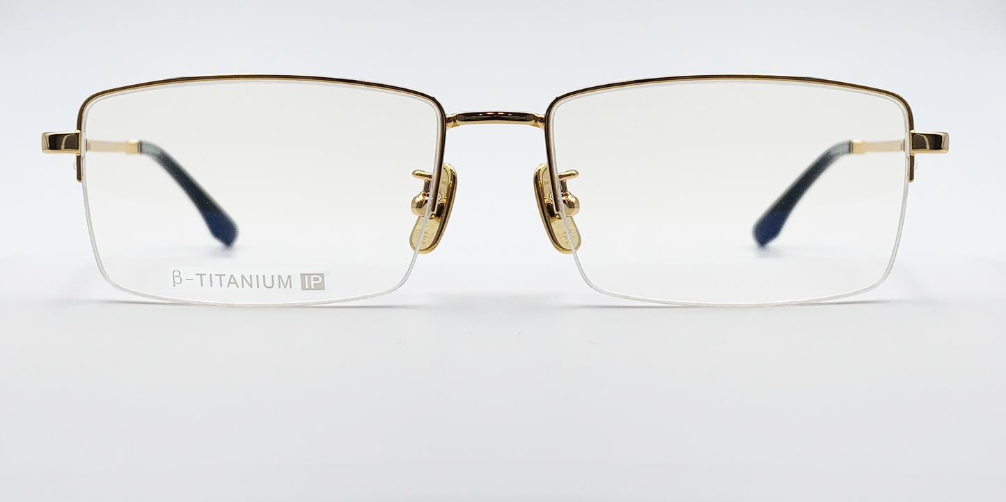 gold coloured rectangular titanium half frame. Front view showing gold coloured bridge 