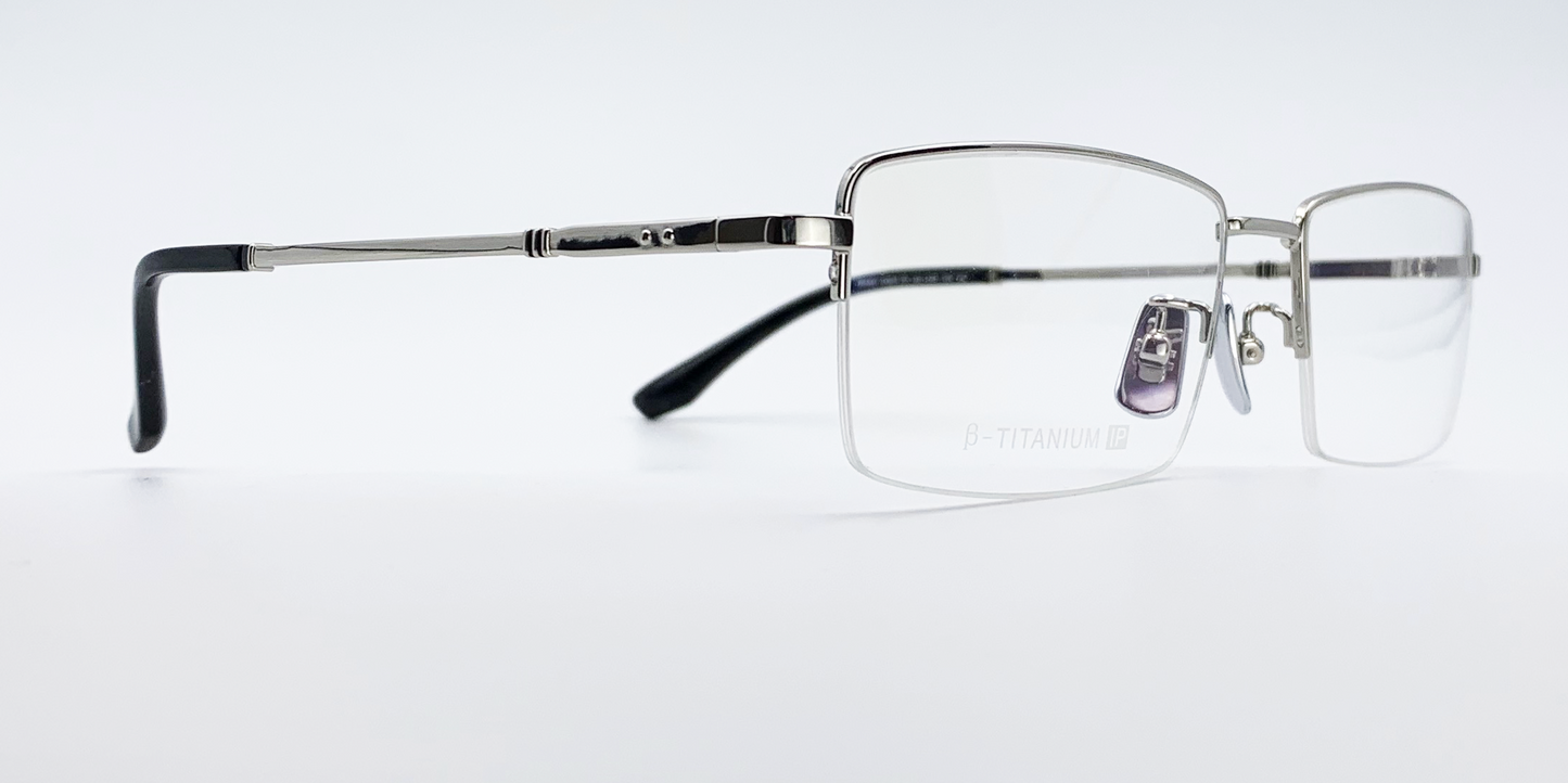 silver coloured rectangular titanium half frame. side view showing silver coloured bridge and arm