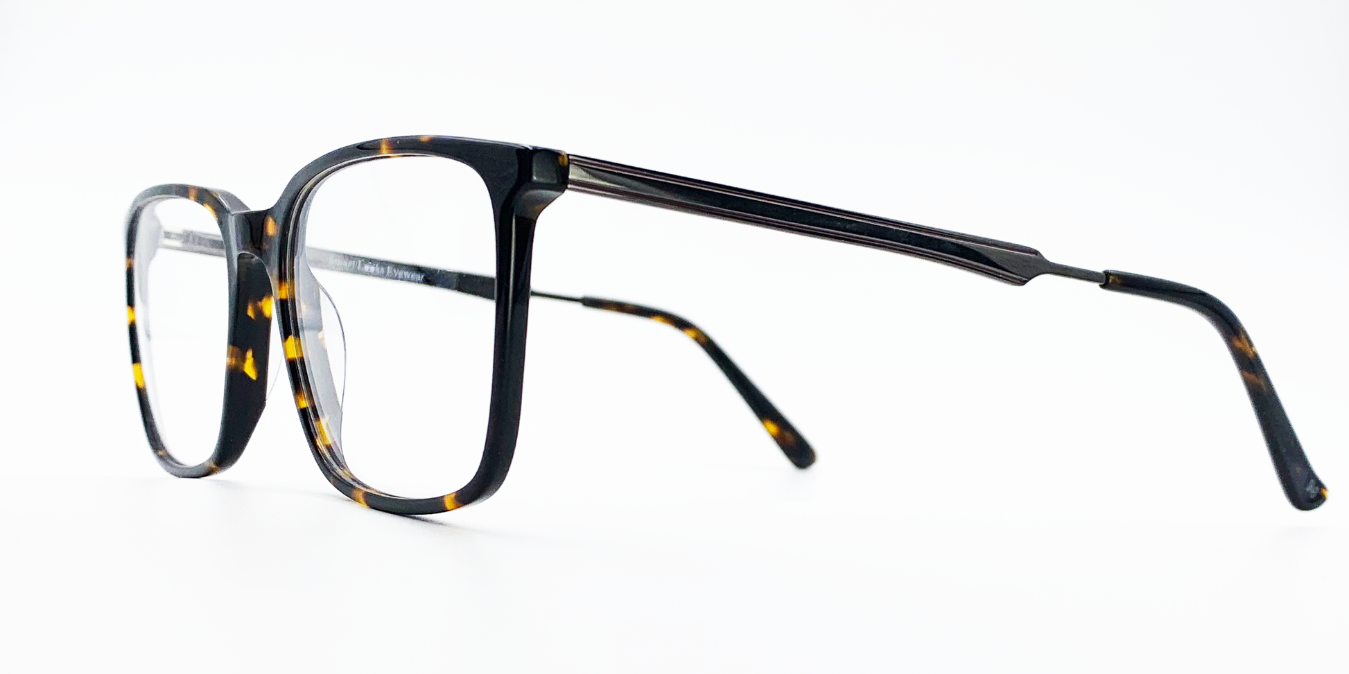 tortoiseshell colour. side view rectangular frame showing black arm