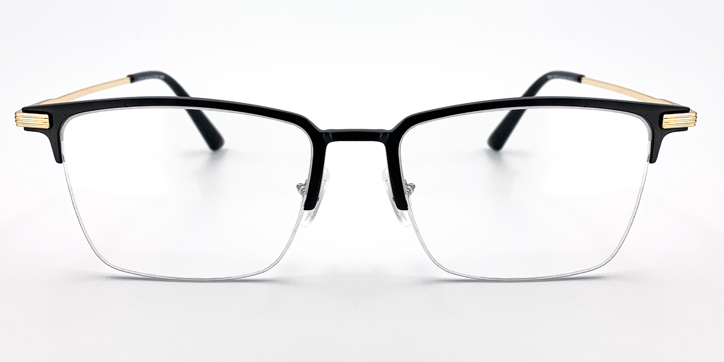 black rectangular half rimless frame glasses. Front view with gold detail