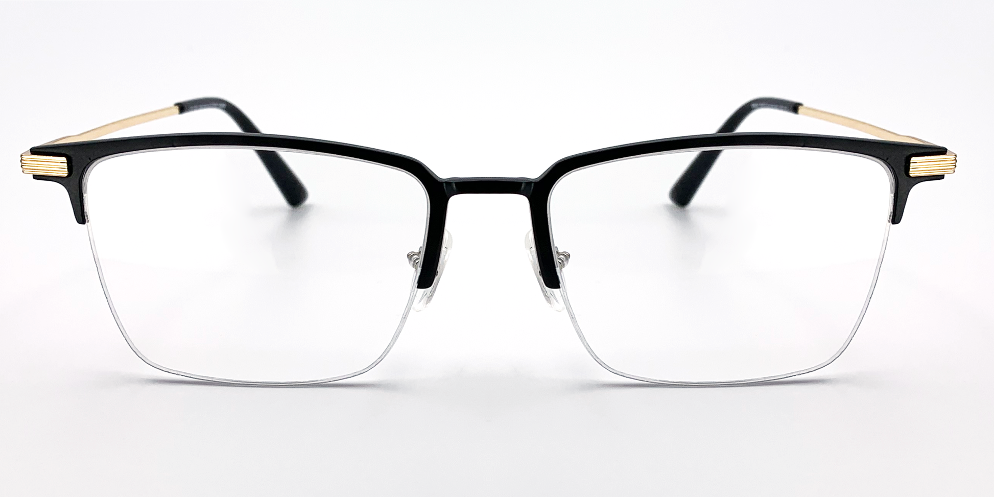 black rectangular half rimless frame glasses. Front view with gold detail