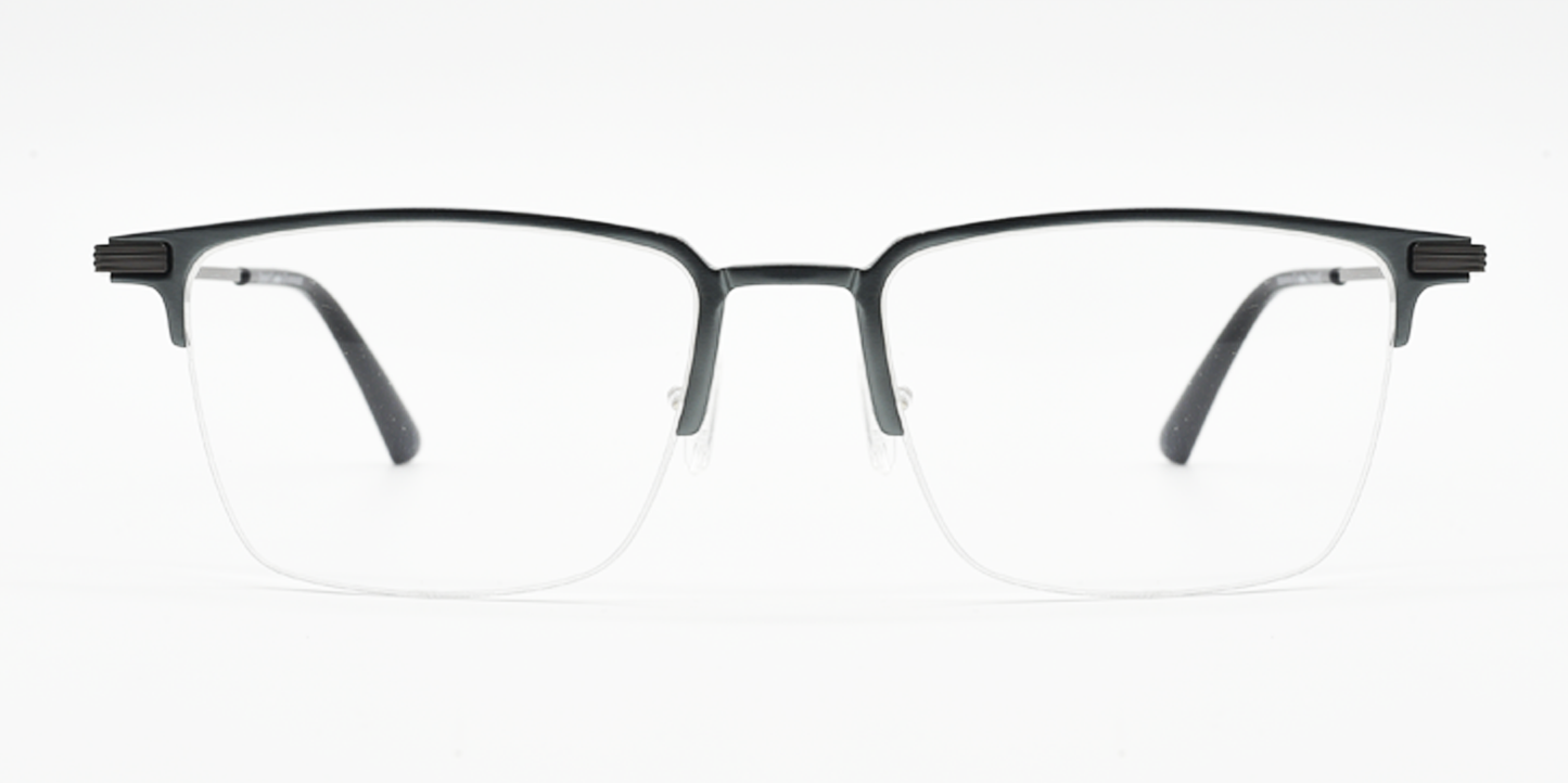 Grey rectangular half rimless frame glasses. Front view.