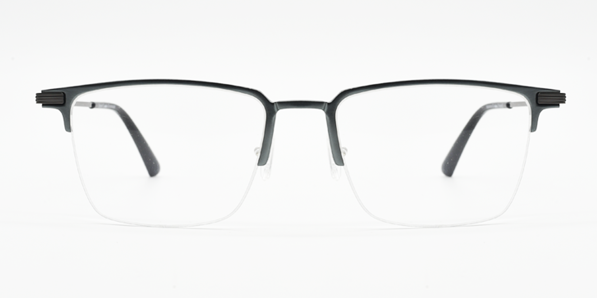 Grey rectangular half rimless frame glasses. Front view.