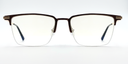 brown rectangular half rimless frame glasses. Front view with gold detail