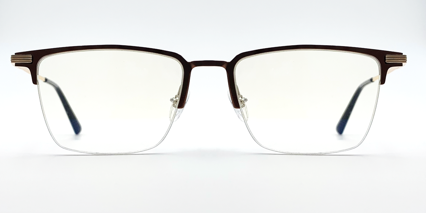 brown rectangular half rimless frame glasses. Front view with gold detail