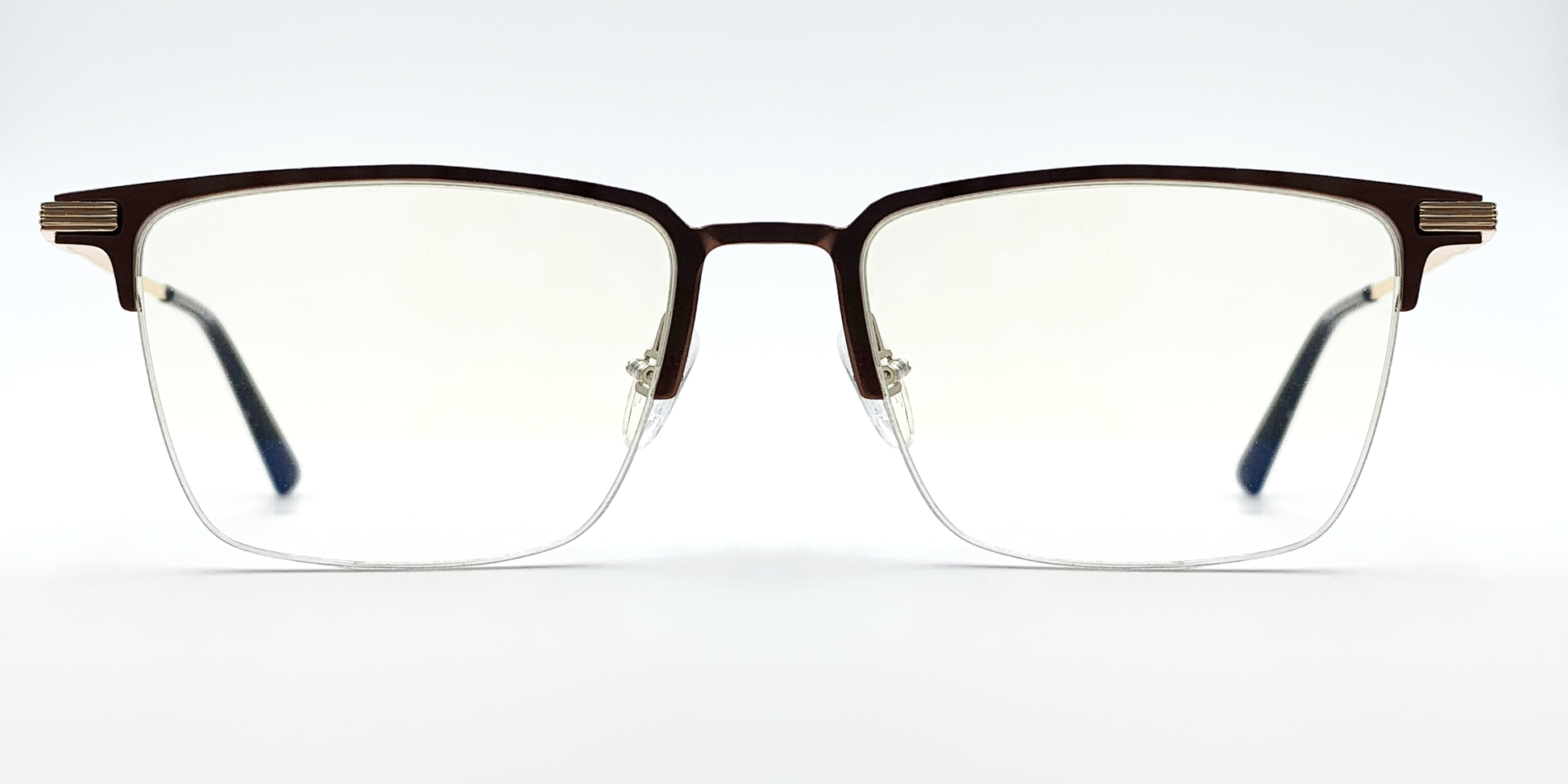 brown rectangular half rimless frame glasses. Front view with gold detail
