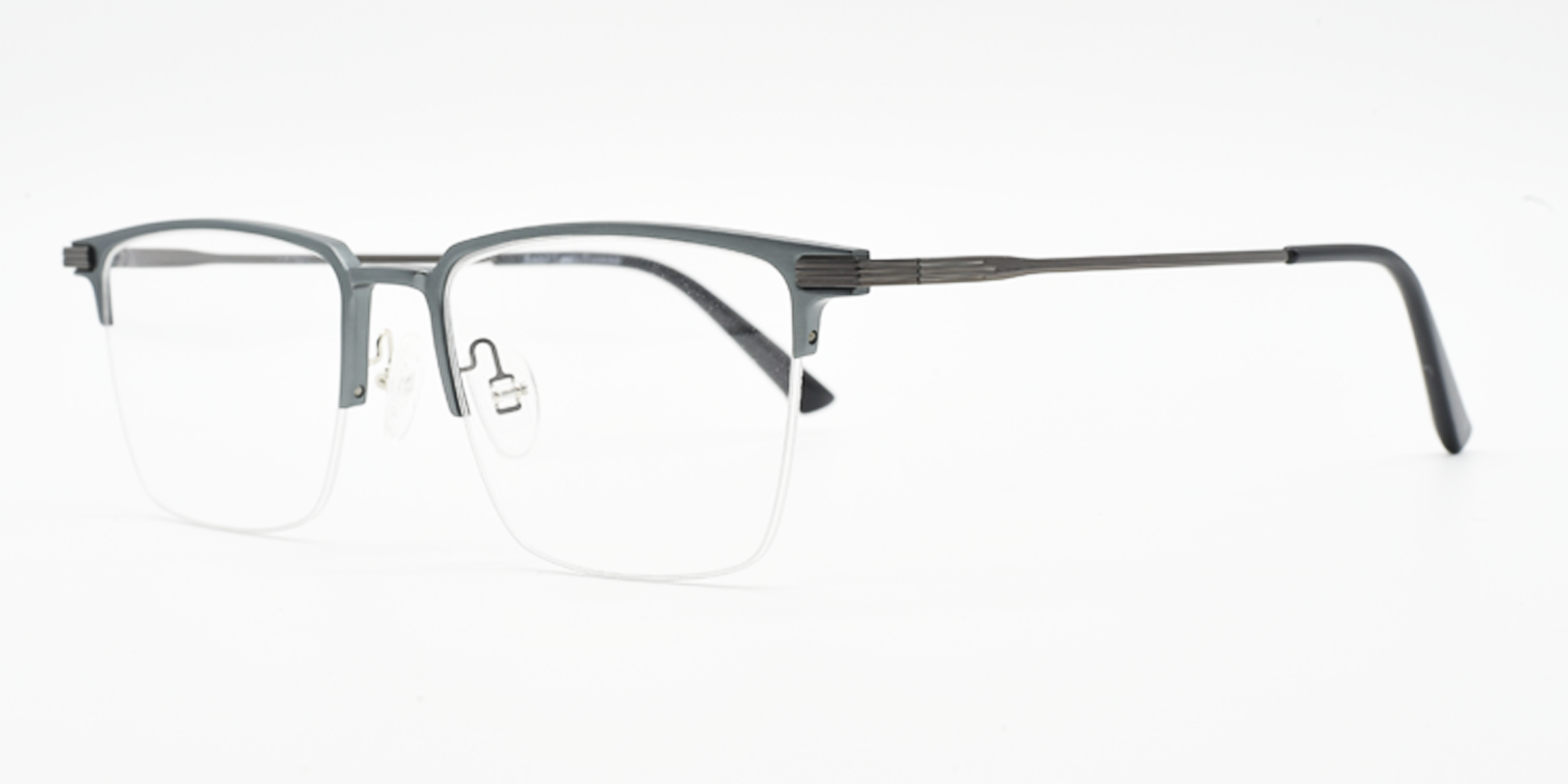 grey rectangular half rimless frame glasses. Side view 