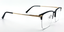 black rectangular half rimless frame glasses. Side view with gold detail