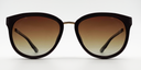 Front view. Stylish semi-cat eye glasses  in dark brown with tinted glasses. gold coloured bridge