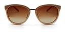 Front view. Stylish semi-cat eye glasses  in light brown with tinted glasses. Black bridge