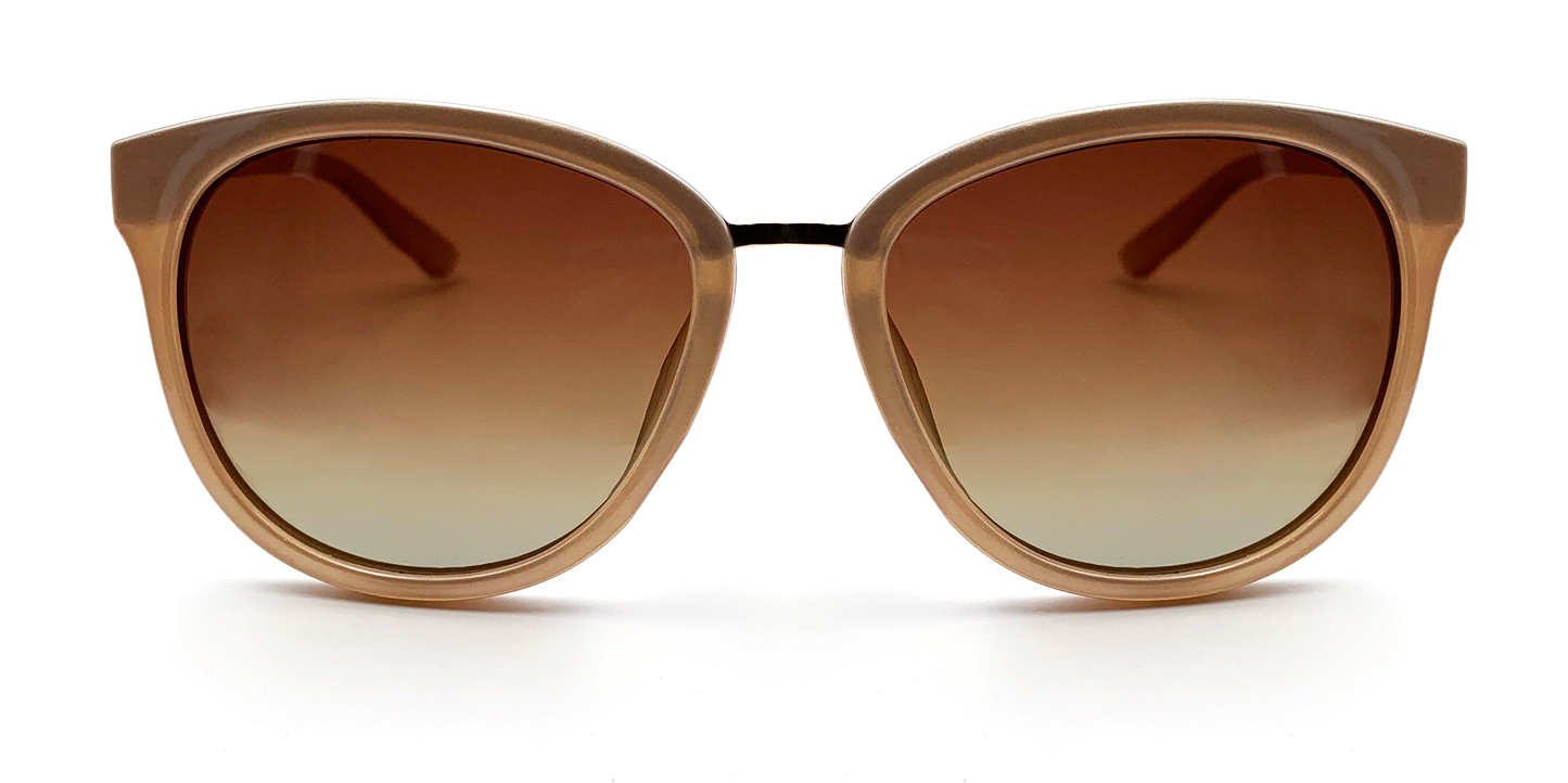 Front view. Stylish semi-cat eye glasses  in light brown with tinted glasses. Black bridge