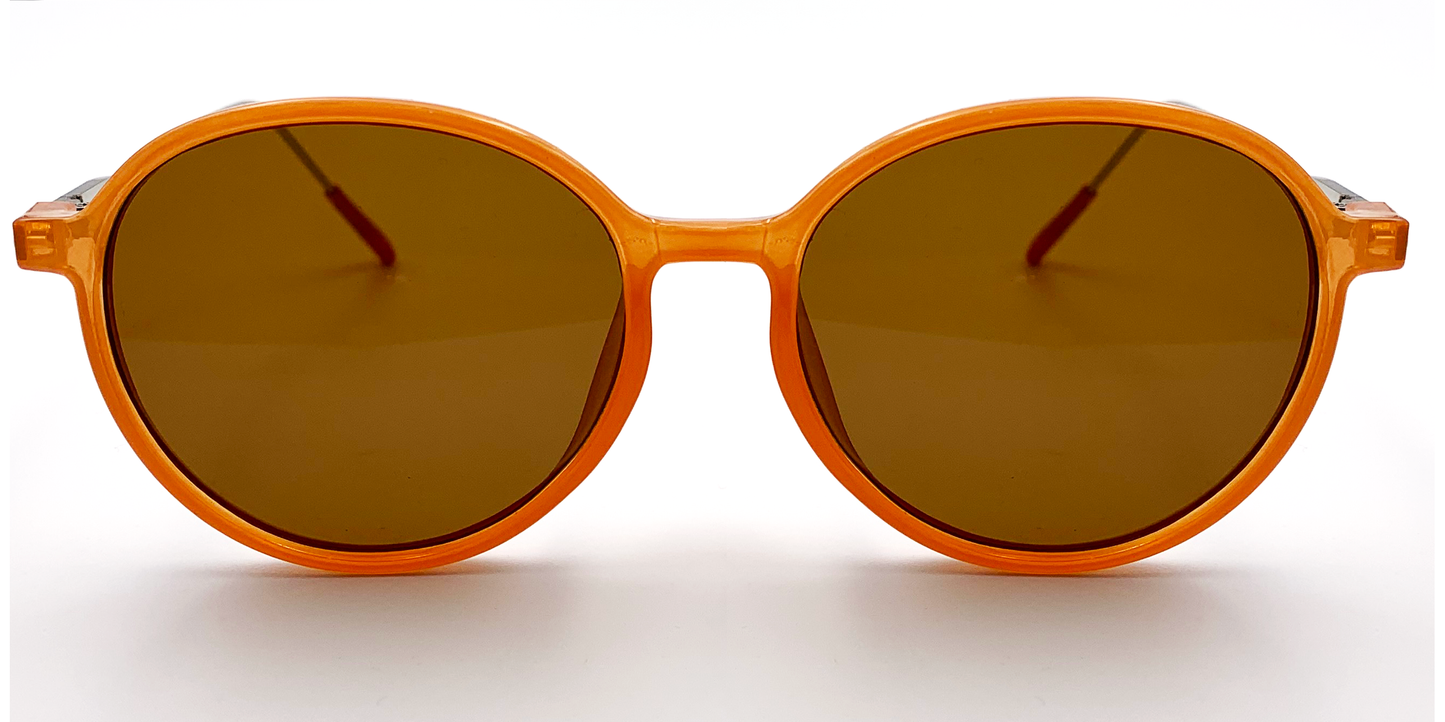 orange round glasses. Front view with tinted lenses