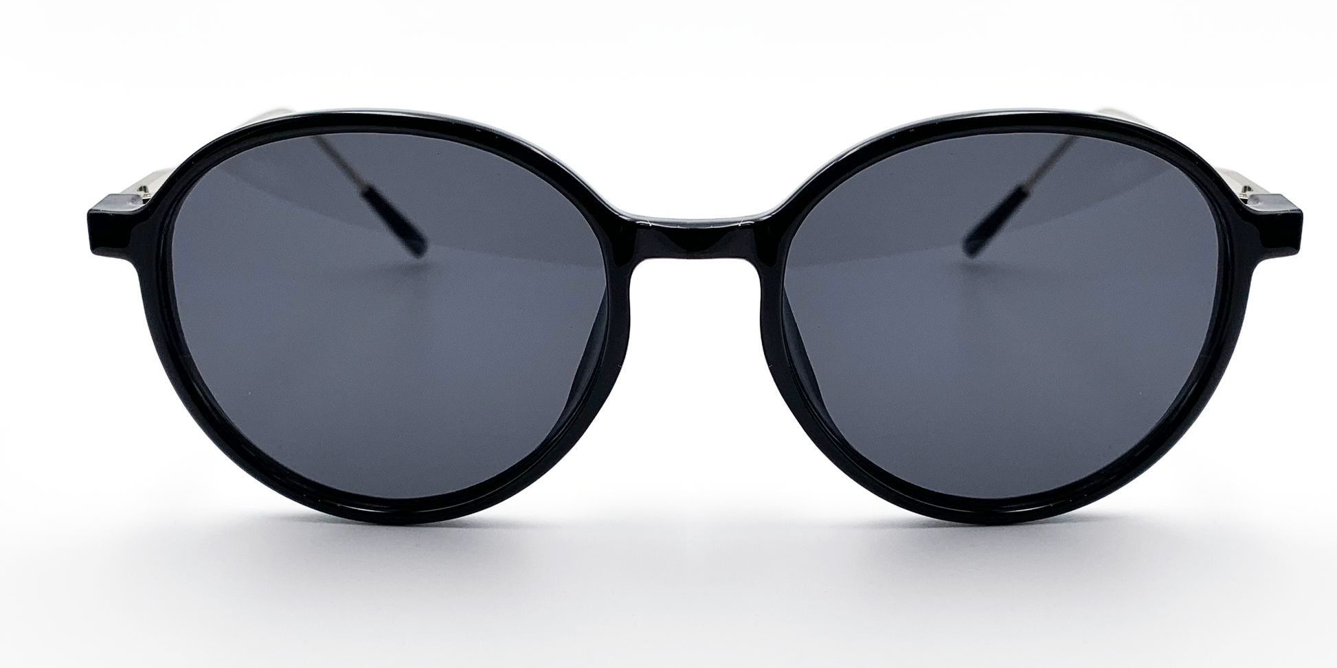 black round glasses. Front view with tinted lenses