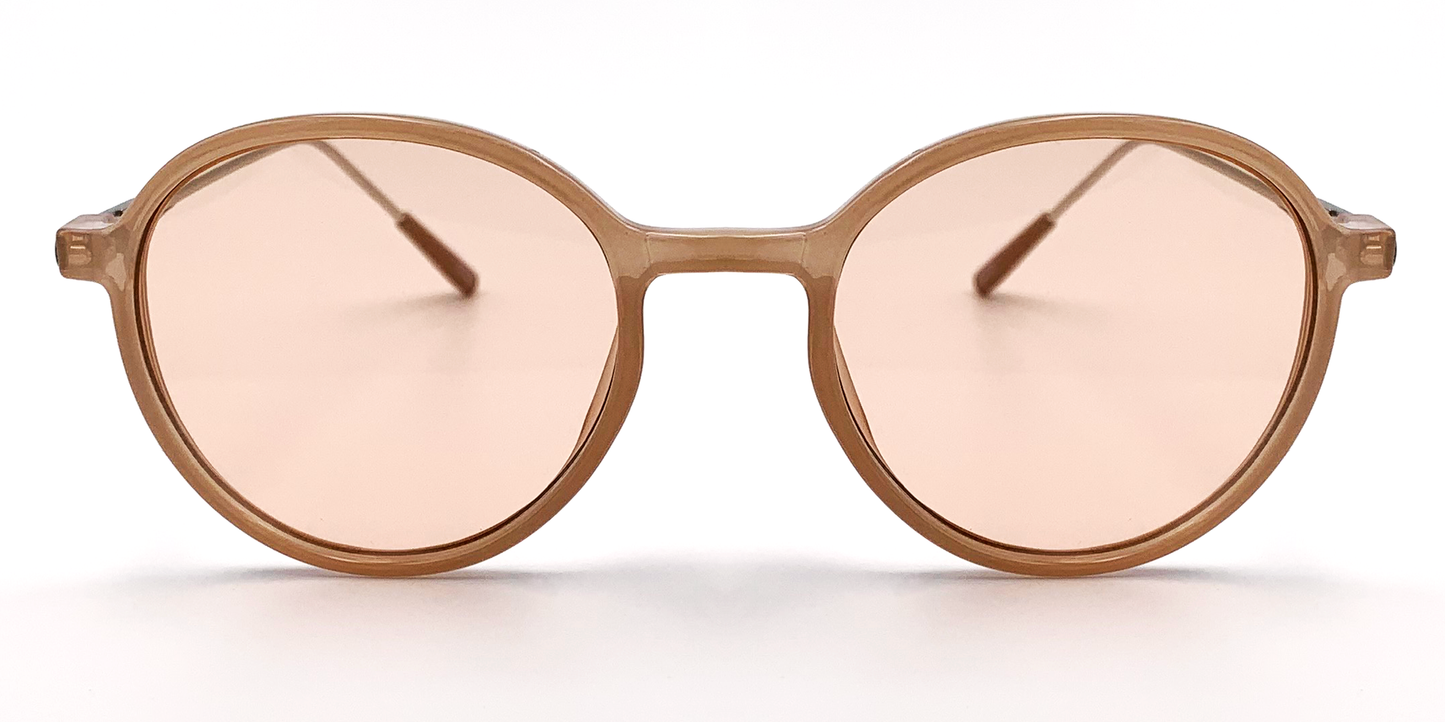 light brown round glasses. Front view with tinted lenses