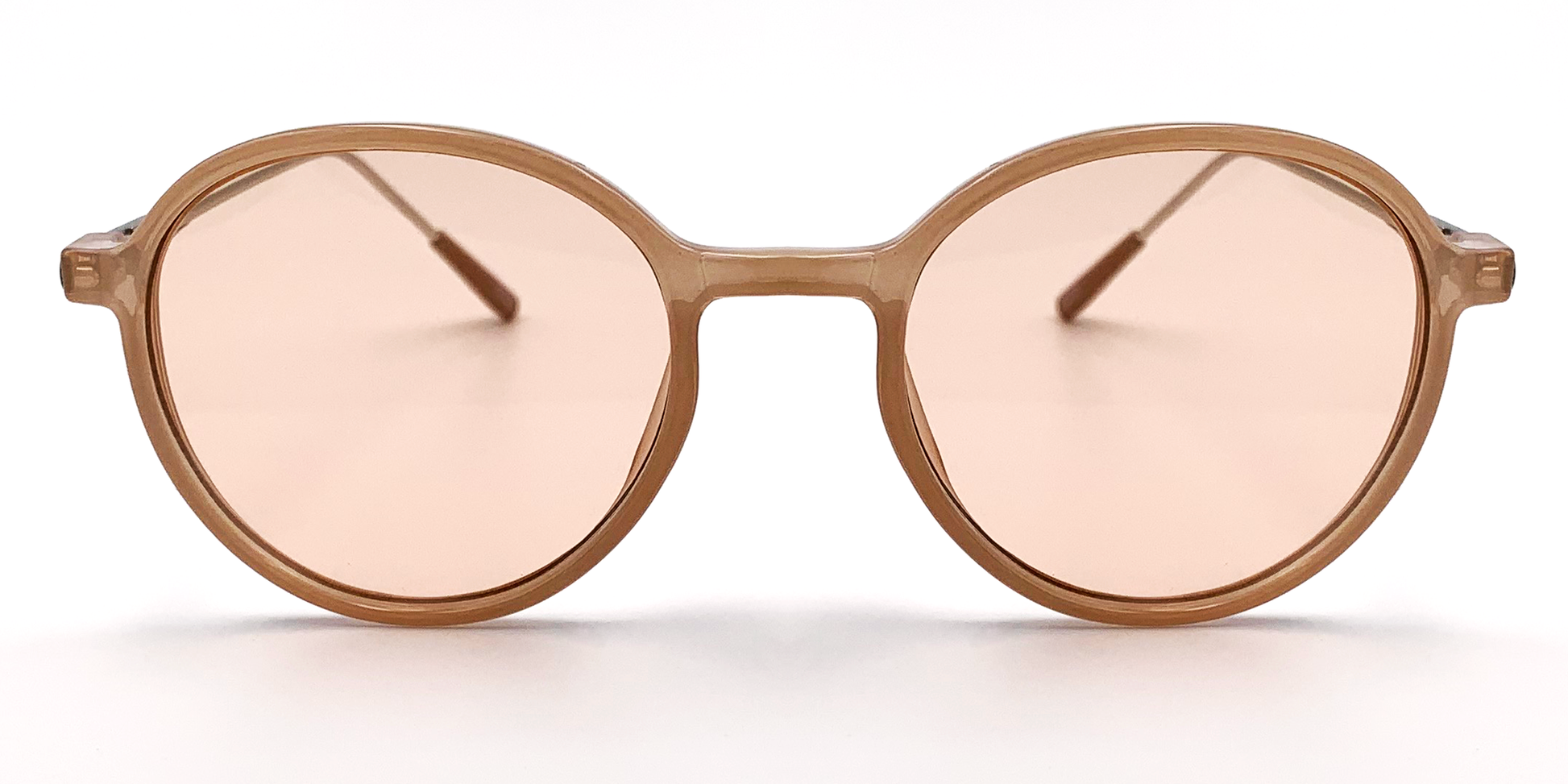 light brown round glasses. Front view with tinted lenses