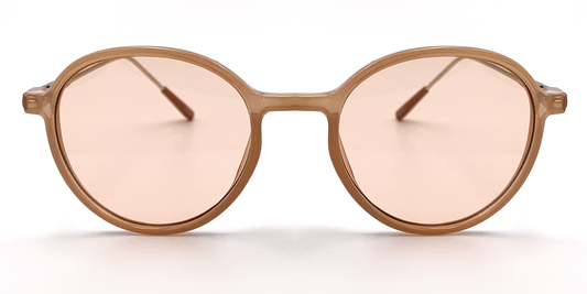 light brown round glasses. Front view with tinted lenses