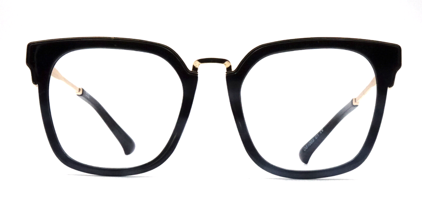 black front view retro style rectangular frame with gold features