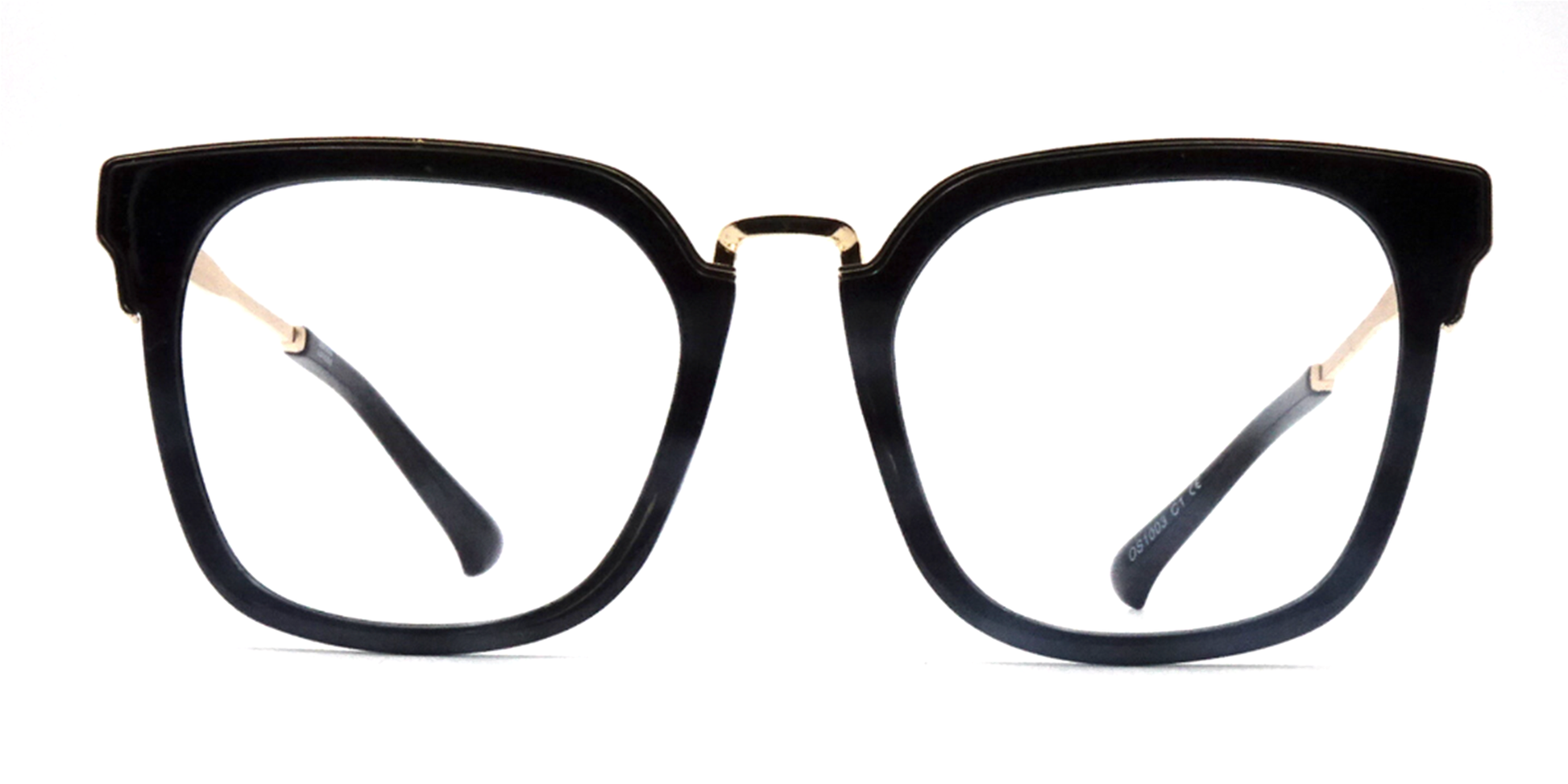 black front view retro style rectangular frame with gold features