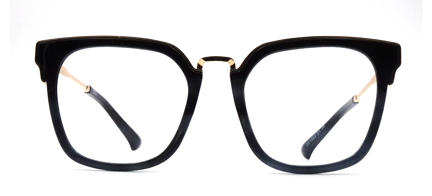 black front view retro style rectangular frame with gold features