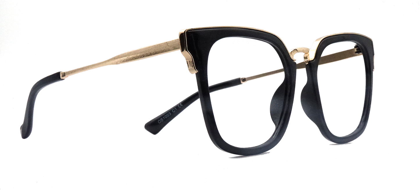 black side view retro style rectangular frame with gold features