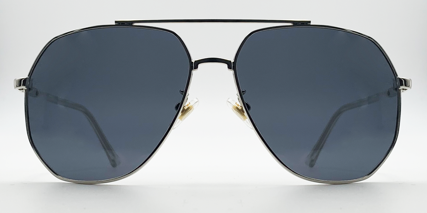 Aviator style glasses. silver colour rims, bridge and arms. Front view with blue tinted lenses.