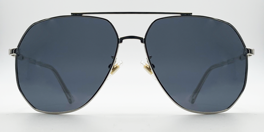 Aviator style glasses. silver colour rims, bridge and arms. Front view with blue tinted lenses.