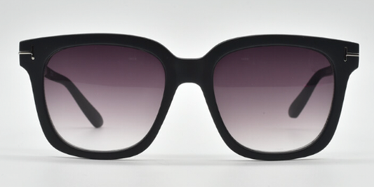 front view of black rectangular rounded frame with tinted lenses. Silver embellishments at the hinges.
