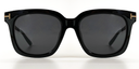 front view of dark brown rectangular rounded frame with tinted lenses. gold embellishments at the hinges.