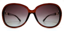 Front view, large rounded rectangular brown frame with tinted lenses