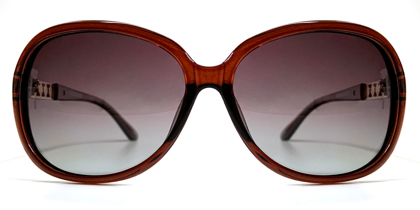 Front view, large rounded rectangular brown frame with tinted lenses