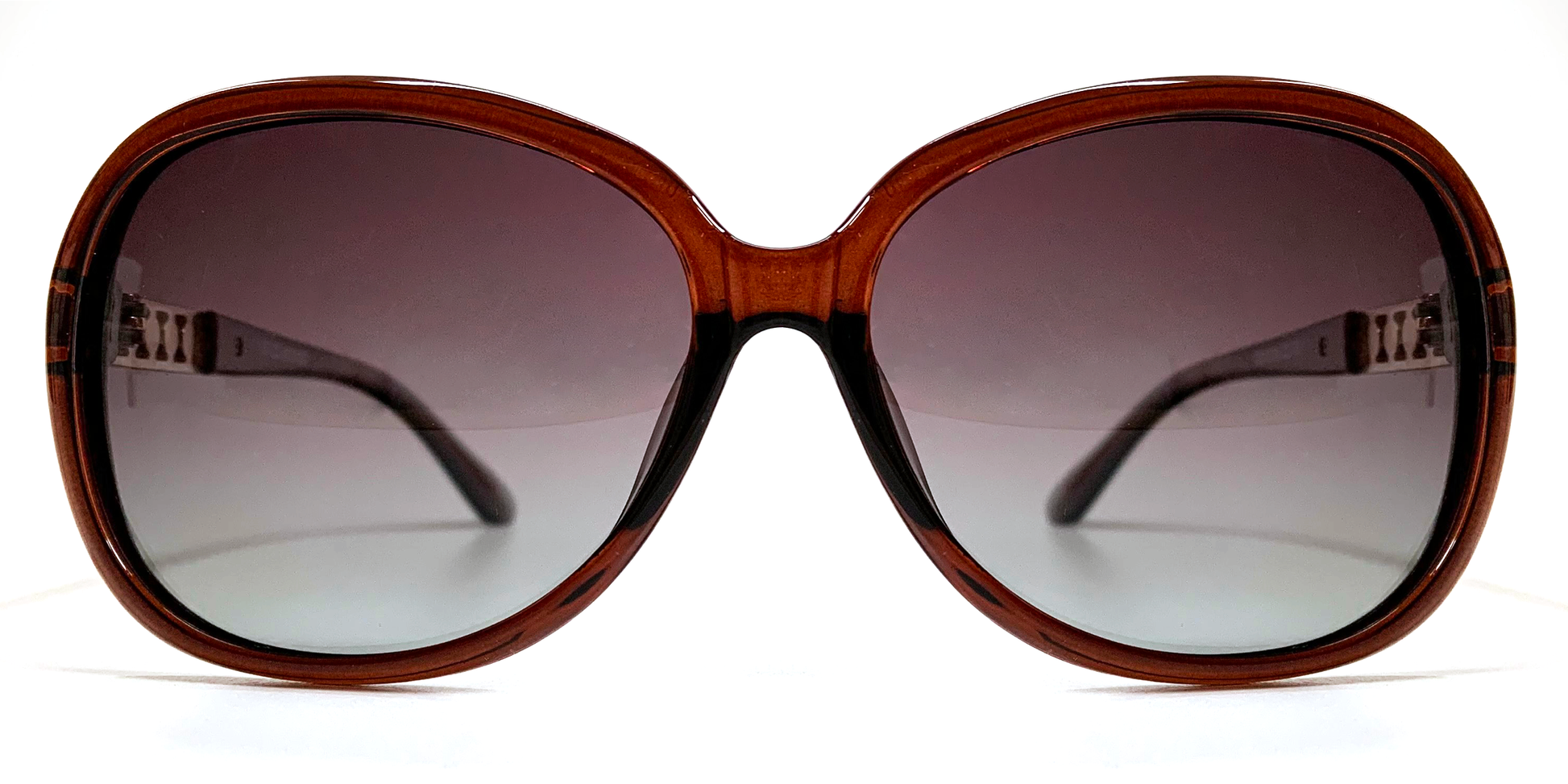 Front view, large rounded rectangular brown frame with tinted lenses