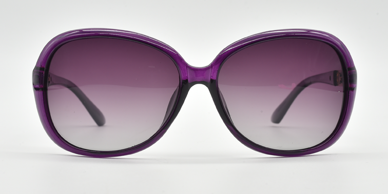 Front view, large rounded rectangular purple frame with tinted lenses