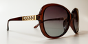 side view, large rounded rectangular brown frame with tinted lenses. gold with 5 small gemstones detail on top part of the arm.