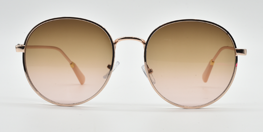 Front view, round frame with tinted lenses. gold embellishments around the frame.