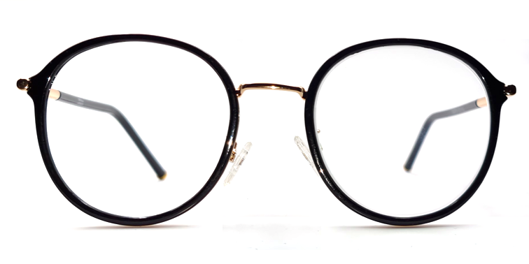 Front view of round retro-style black frame with gold coloured bridge