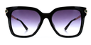 front view black rounded rectangular frame with small circular detail close to hinges. Tinted lenses.