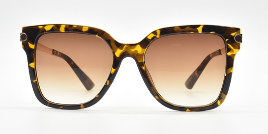 front view tortoiseshell rounded rectangular frame with small circular detail close to hinges. Tinted lenses.