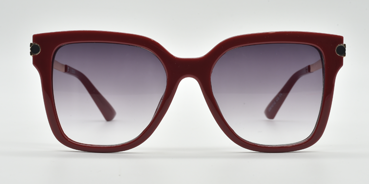 front view red rounded rectangular frame with small circular detail close to hinges. Tinted lenses.