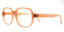 side view of light brown rounded rectangular frame. all one colour including arms. 