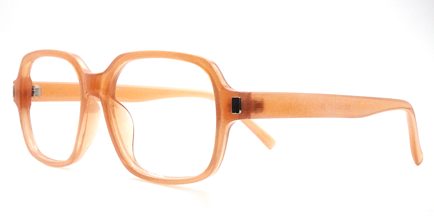 side view of light brown rounded rectangular frame. all one colour including arms. 